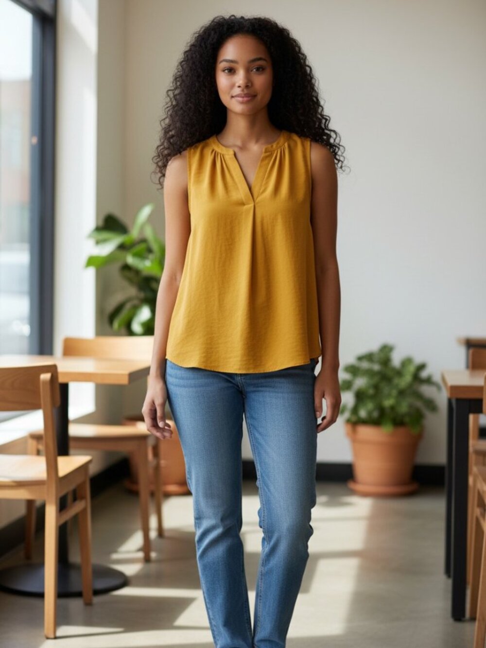 LOFT Mustard Yellow Mixed Media Blouse - Sleeveless Split Neck - Size M